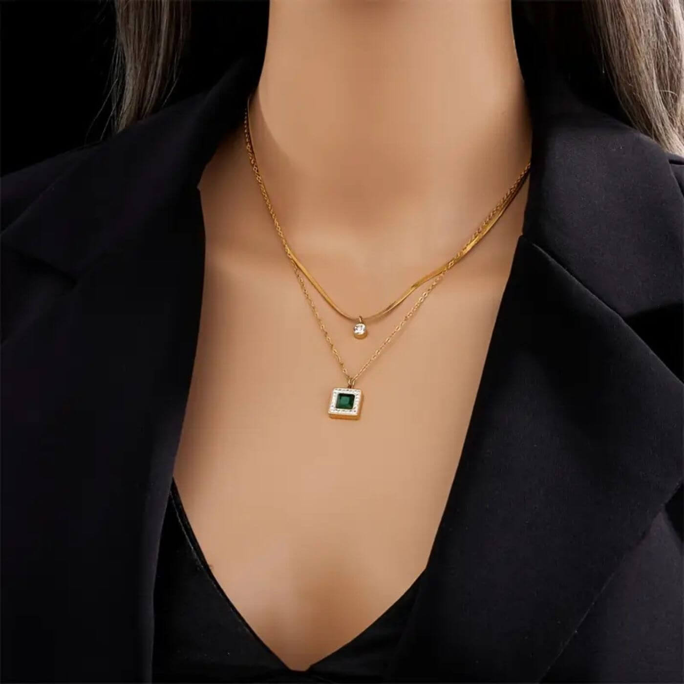 Classic Emerald and Crystal Layered Necklace