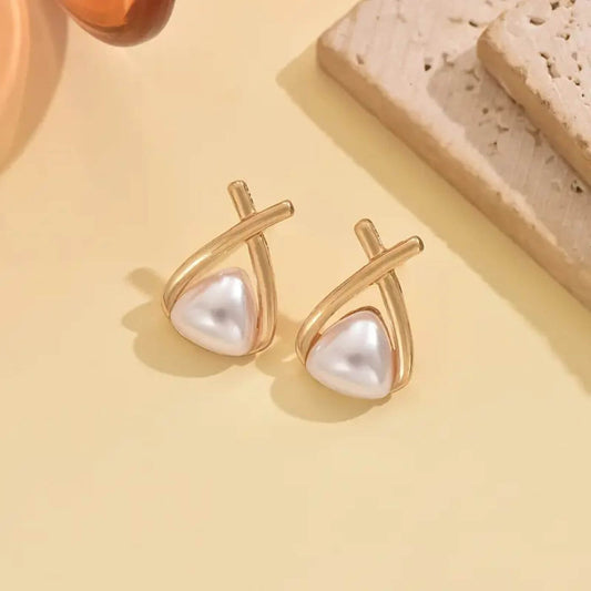 Classic Gold Triangular Pearl Earrings