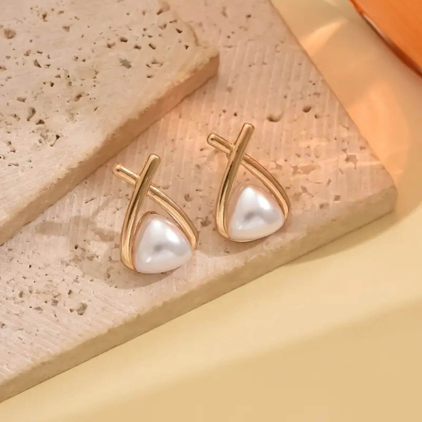 Classic Gold Triangular Pearl Earrings