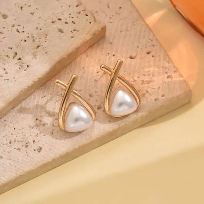Classic Gold Triangular Pearl Earrings