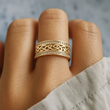 Elegant Crystal Carved Gold Ring