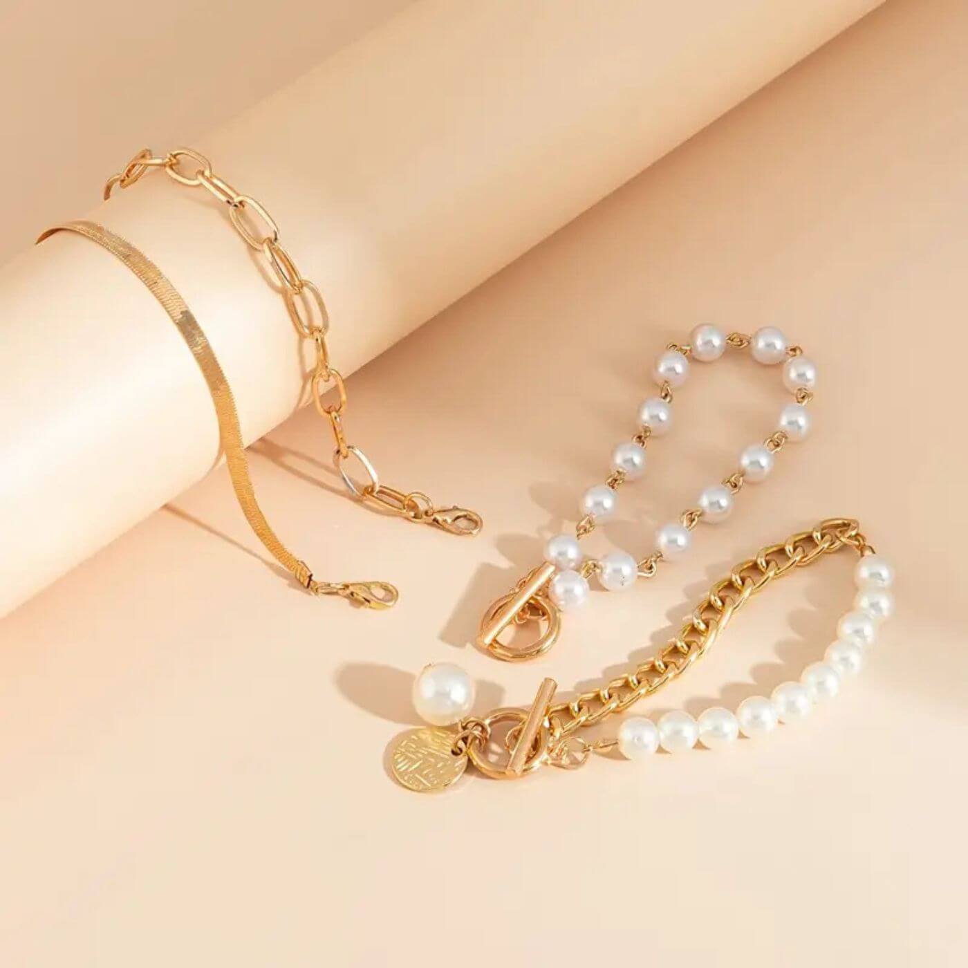 Elegant Pearl Gold Bracelet Set
