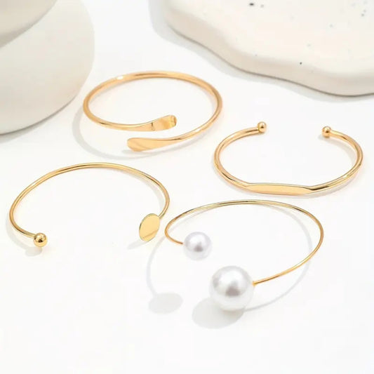 Elegant Pearl Open Bangle Bracelet Set