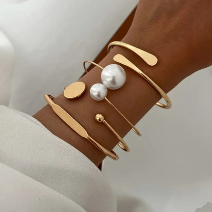 Elegant Pearl Open Bangle Bracelet Set