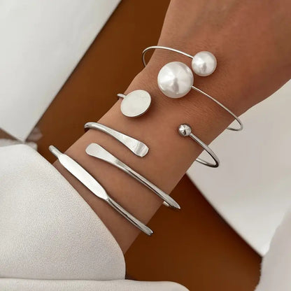 Elegant Pearl Open Bangle Bracelet Set