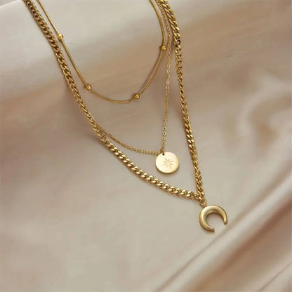 Elegant Triple Chain Moon Charm Necklace