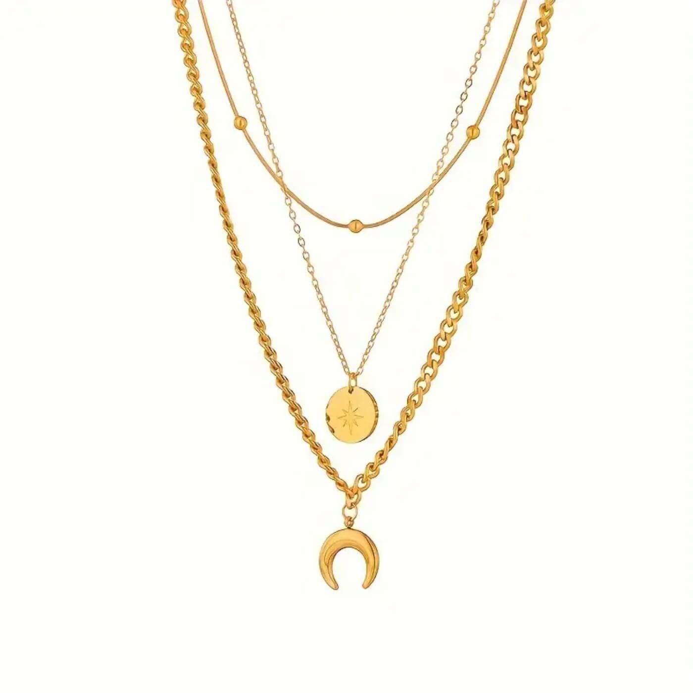 Elegant Triple Chain Moon Charm Necklace