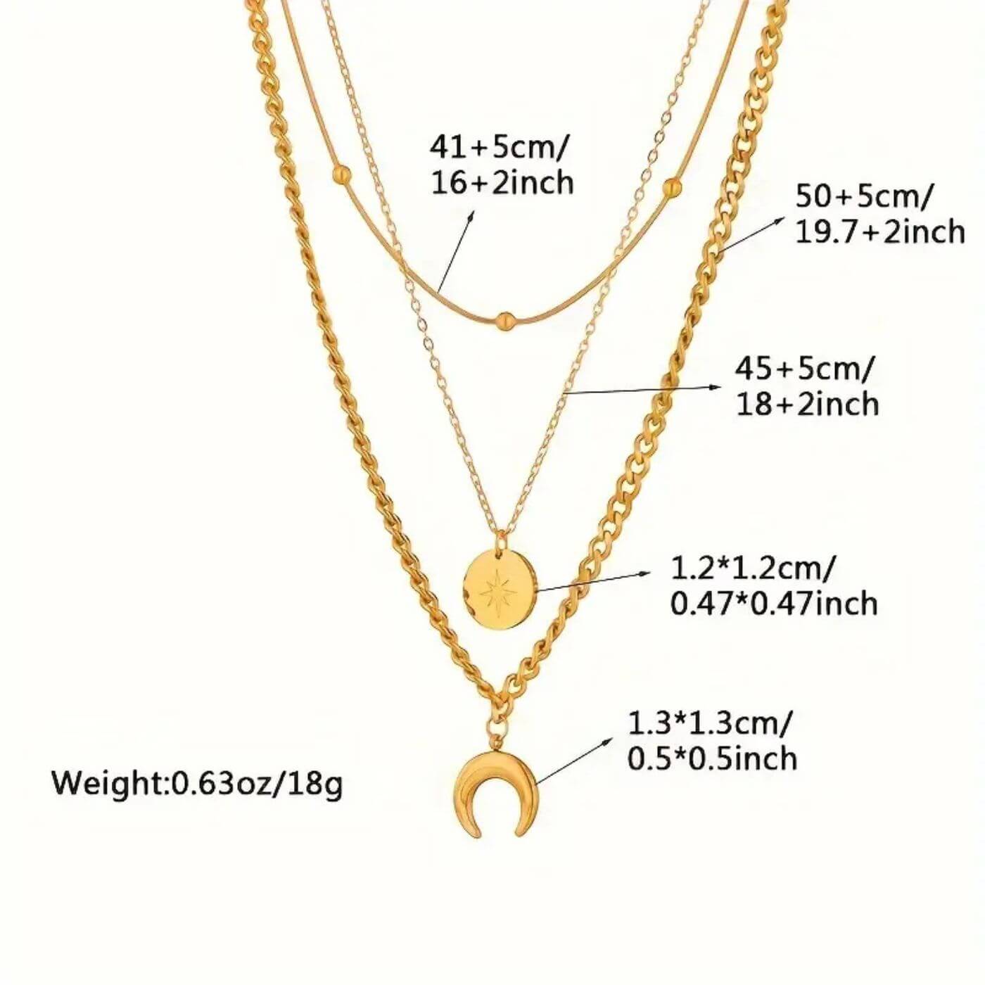 Elegant Triple Chain Moon Charm Necklace