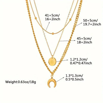 Elegant Triple Chain Moon Charm Necklace
