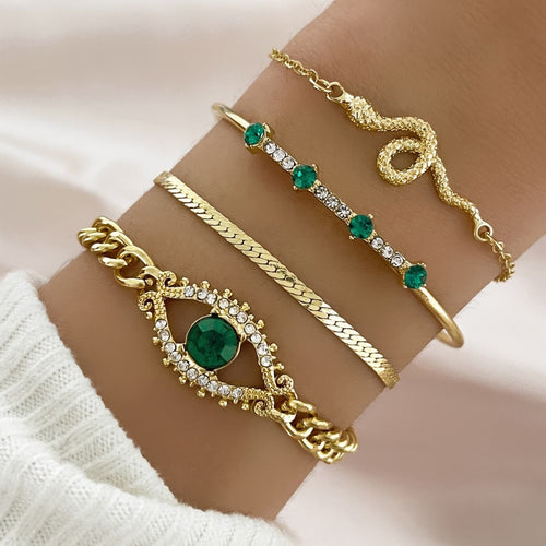 Emerald Charm Gold Bracelet Set