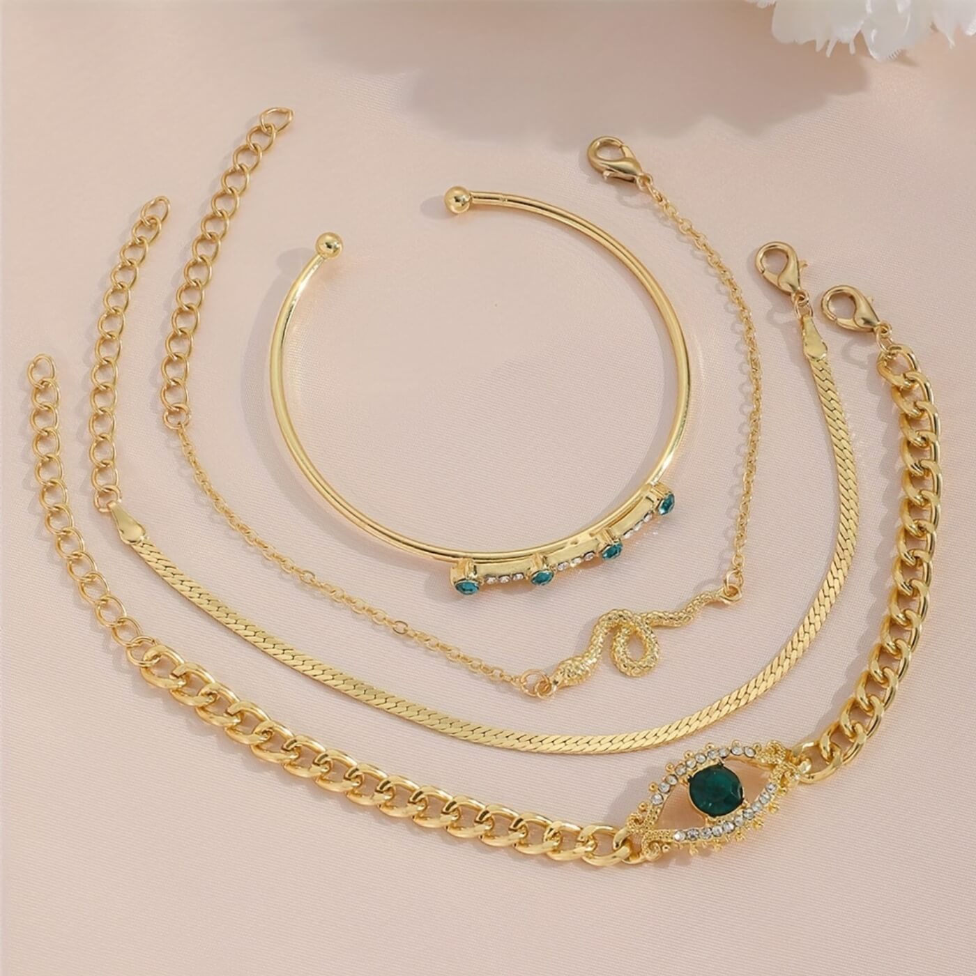Emerald Charm Gold Bracelet Set