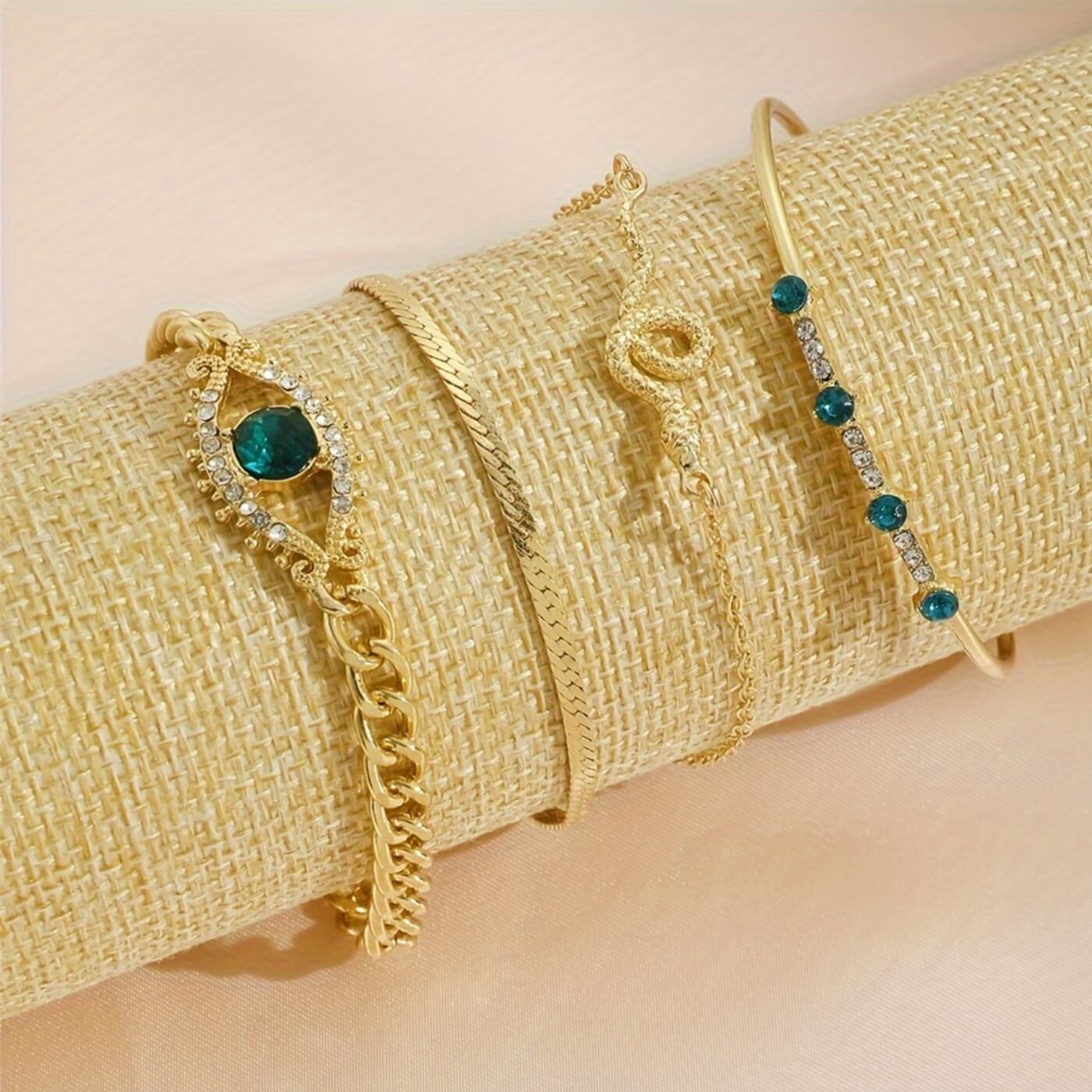 Emerald Charm Gold Bracelet Set