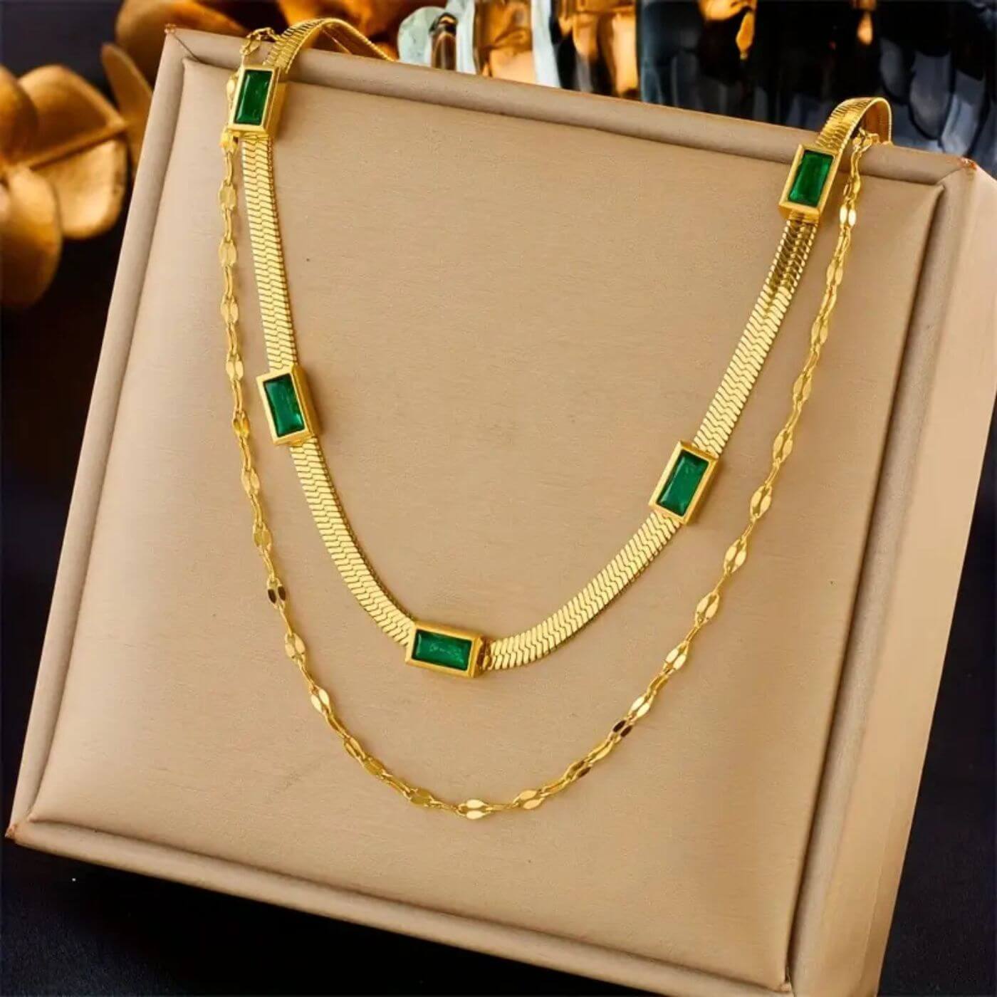 Emerald Gold Double Layer Necklace