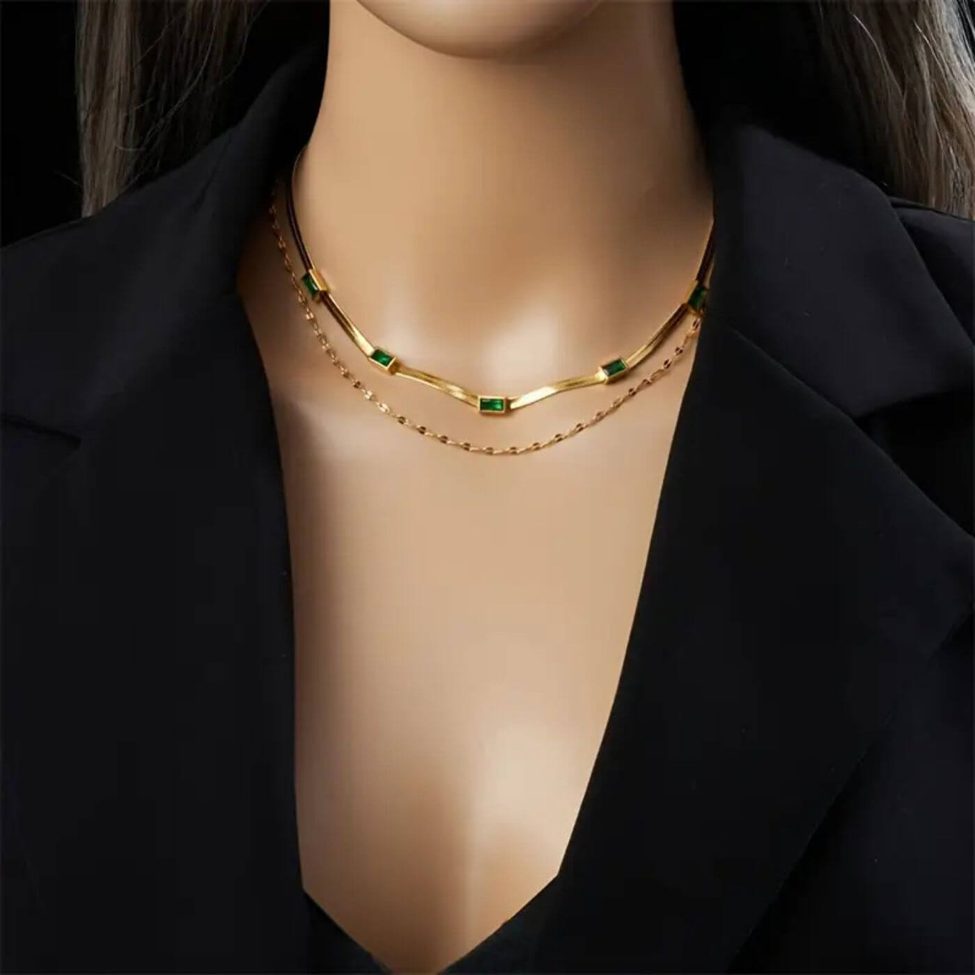 Emerald Gold Double Layer Necklace