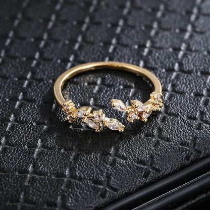 Exquisite Crystal Adjustable Open Leaf Ring