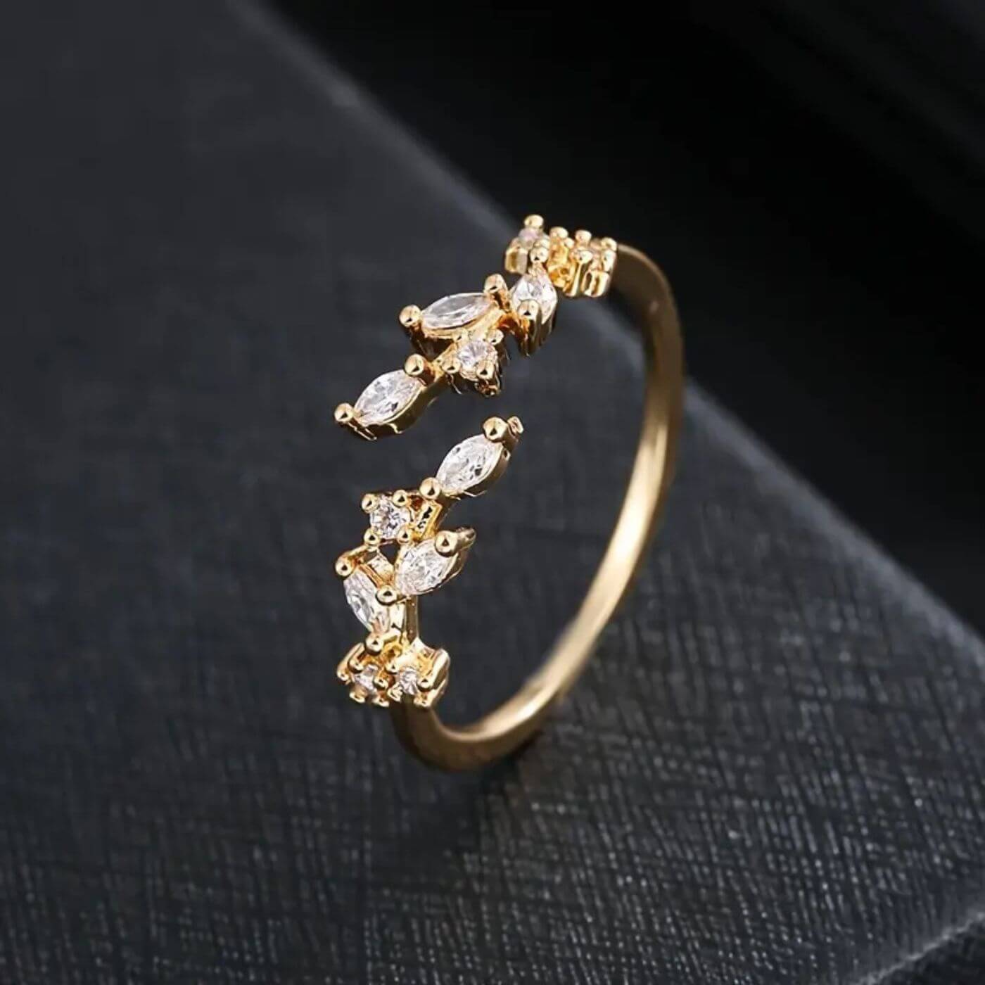 Exquisite Crystal Adjustable Open Leaf Ring