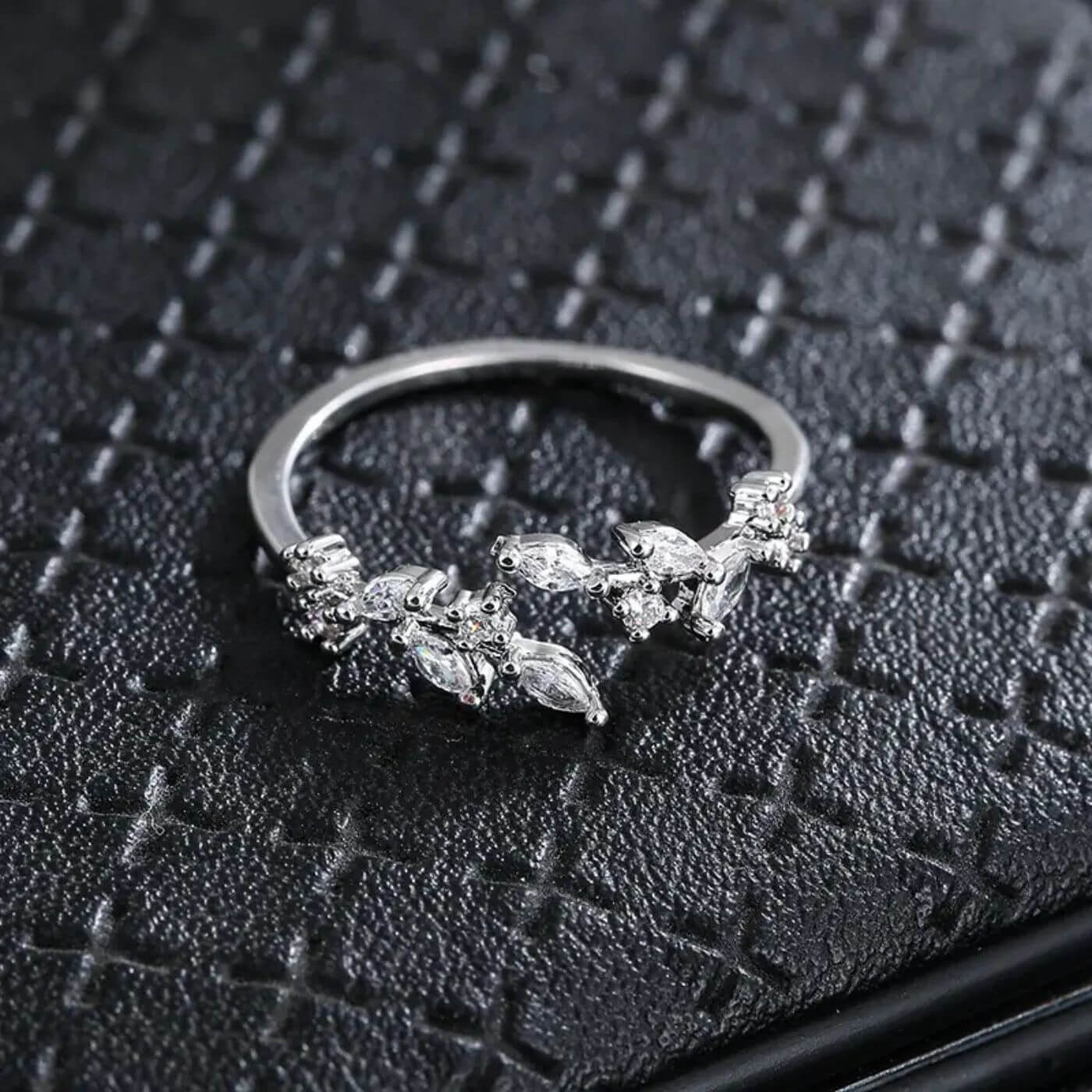 Exquisite Crystal Adjustable Open Leaf Ring
