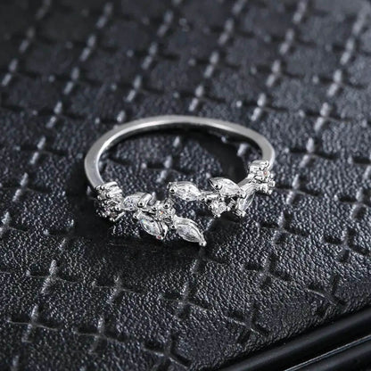 Exquisite Crystal Adjustable Open Leaf Ring