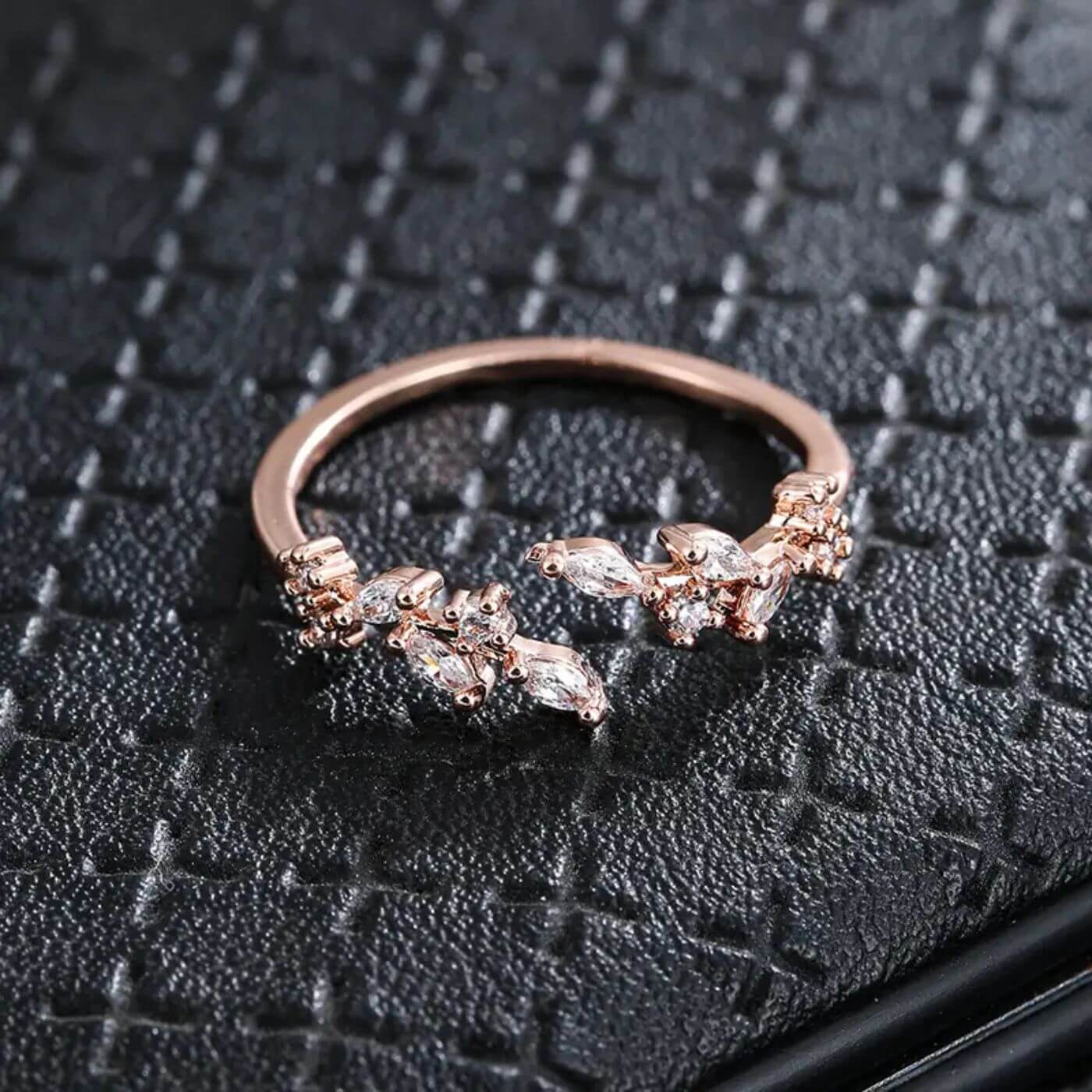 Exquisite Crystal Adjustable Open Leaf Ring