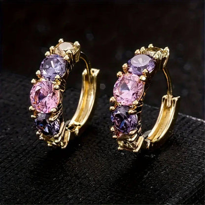 Exquisite Violet Pink Crystal Hoop Earrings