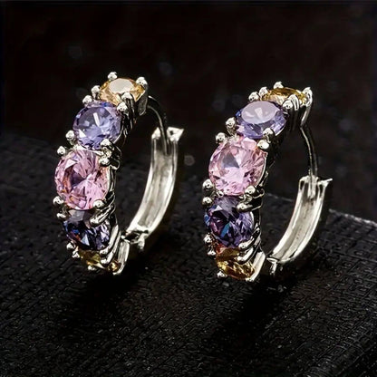 Exquisite Violet Pink Crystal Hoop Earrings