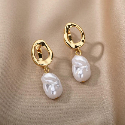 Gold Baroque Pearl Dangling Earrings