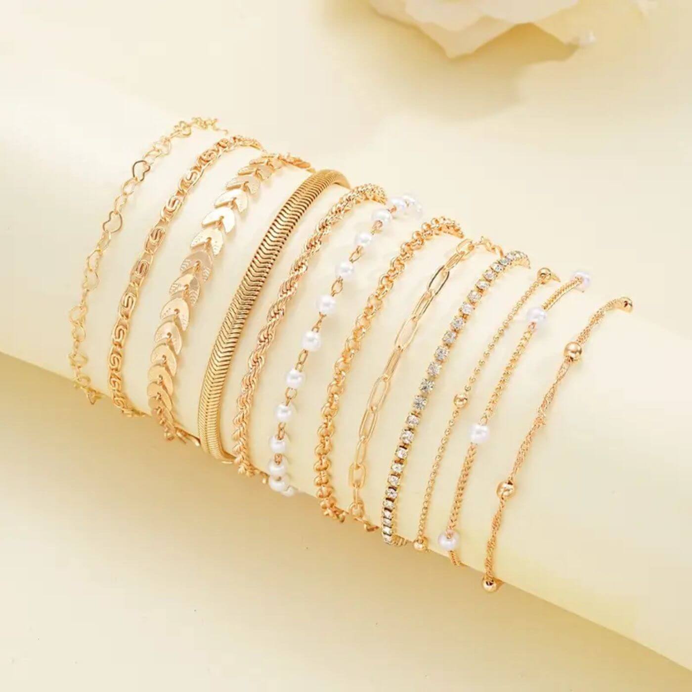 Gold Elegant Pearl Chain Bracelet Set