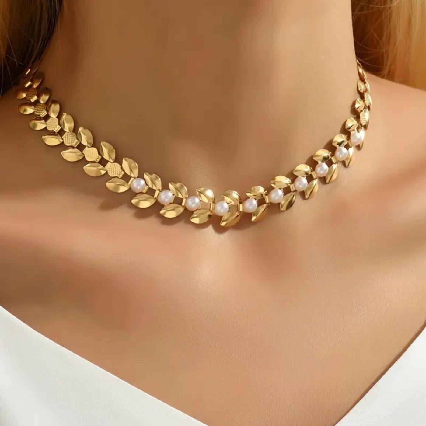 Gold Elegant Pearl Leaf Choker Necklace