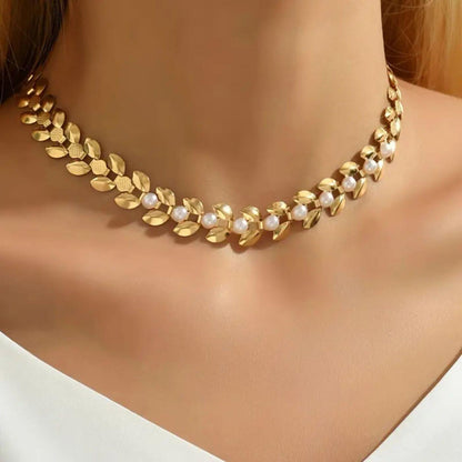 Gold Elegant Pearl Leaf Choker Necklace