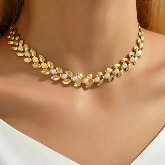 Gold Elegant Pearl Leaf Choker Necklace