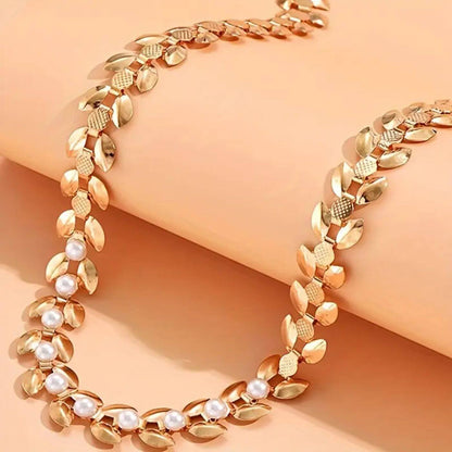 Gold Elegant Pearl Leaf Choker Necklace