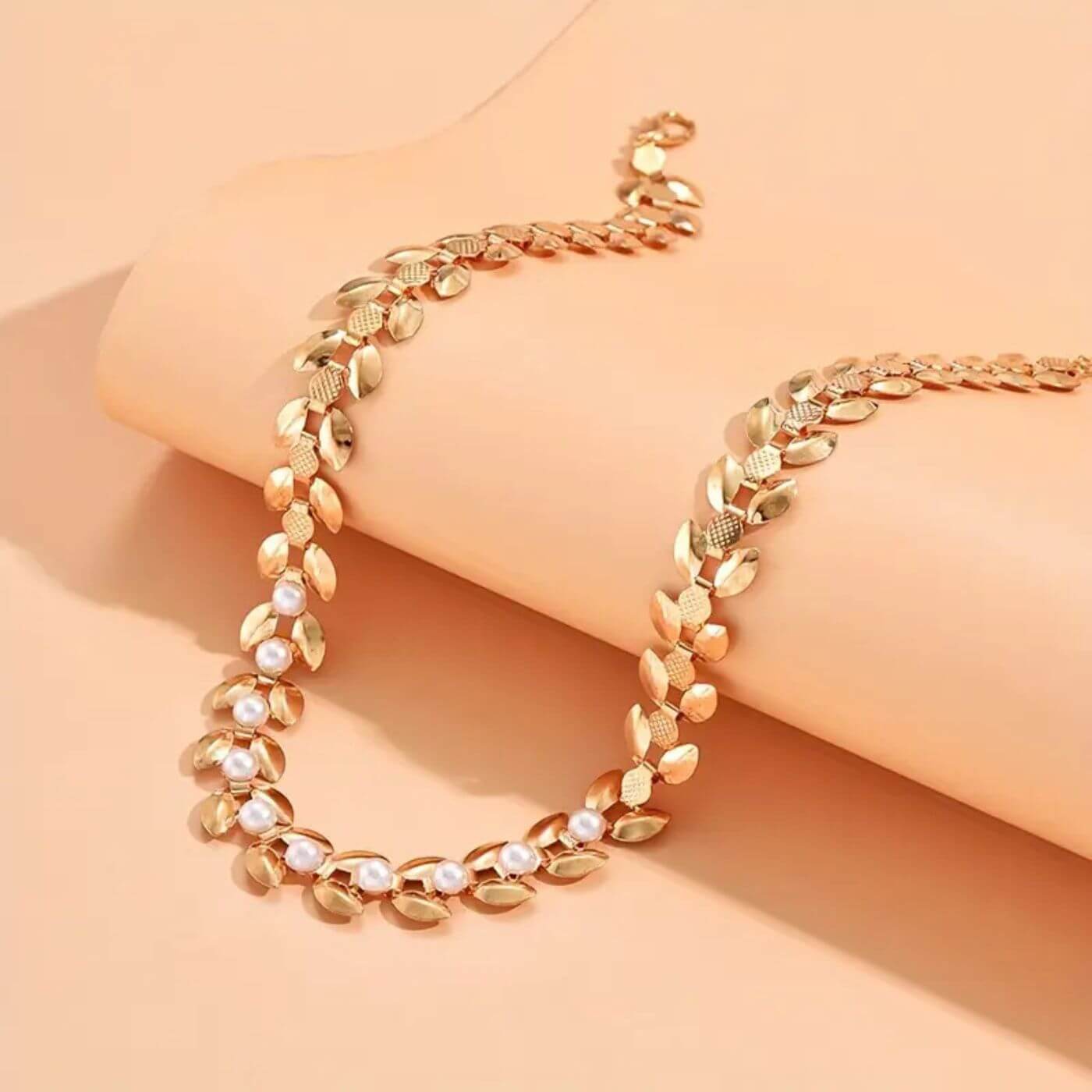 Gold Elegant Pearl Leaf Choker Necklace
