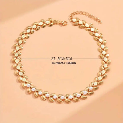 Gold Elegant Pearl Leaf Choker Necklace