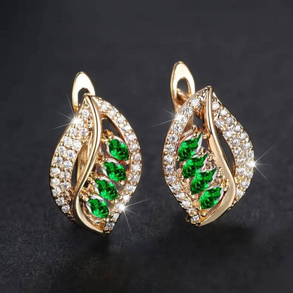 Gold Green Crystal Leaf Earrings
