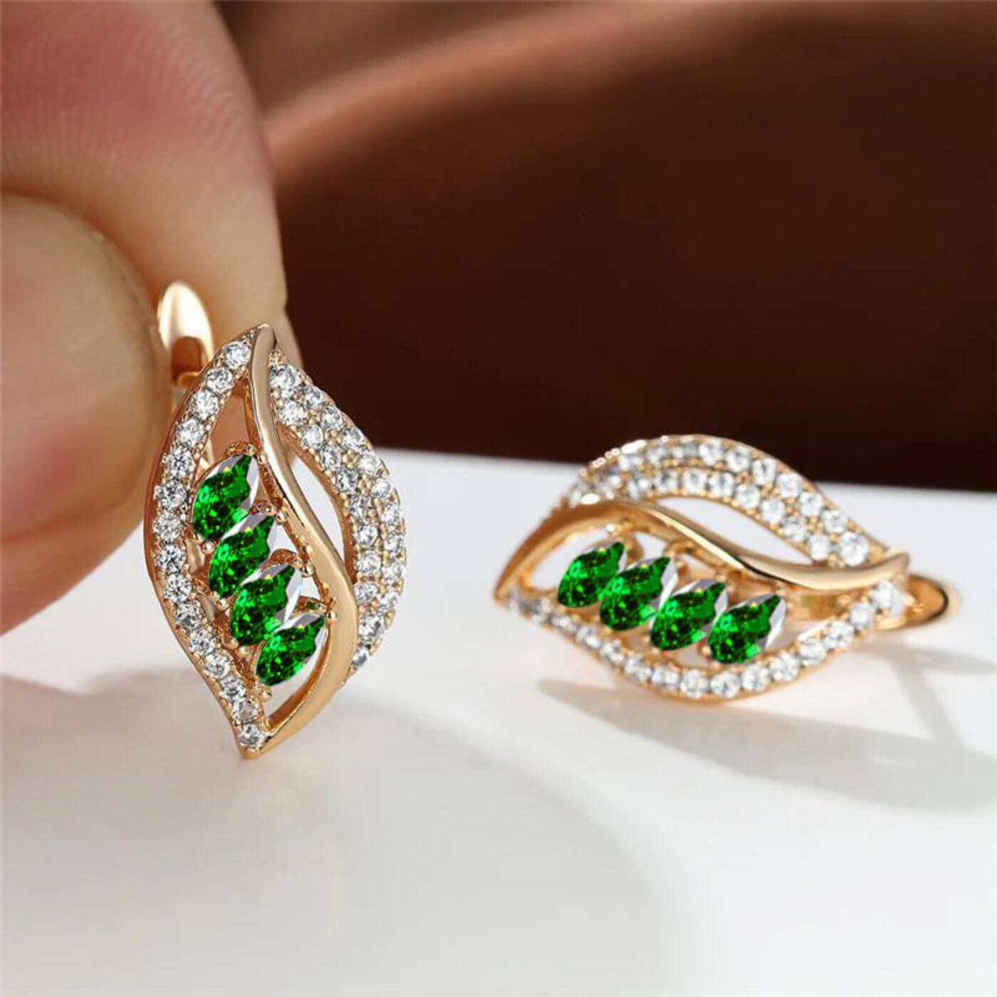 Gold Green Crystal Leaf Earrings