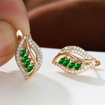 Gold Green Crystal Leaf Earrings