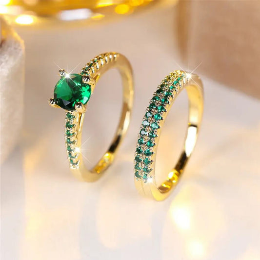 Luxury Crystal Emerald Engagement Ring Set