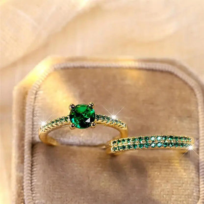 Luxury Crystal Emerald Engagement Ring Set