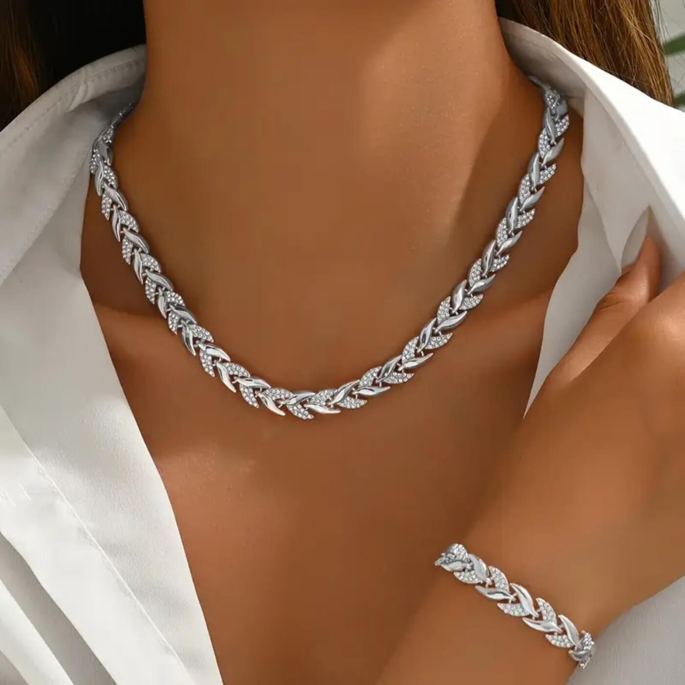 Luxury Crystal Leaf Chain Necklace & Bracelet