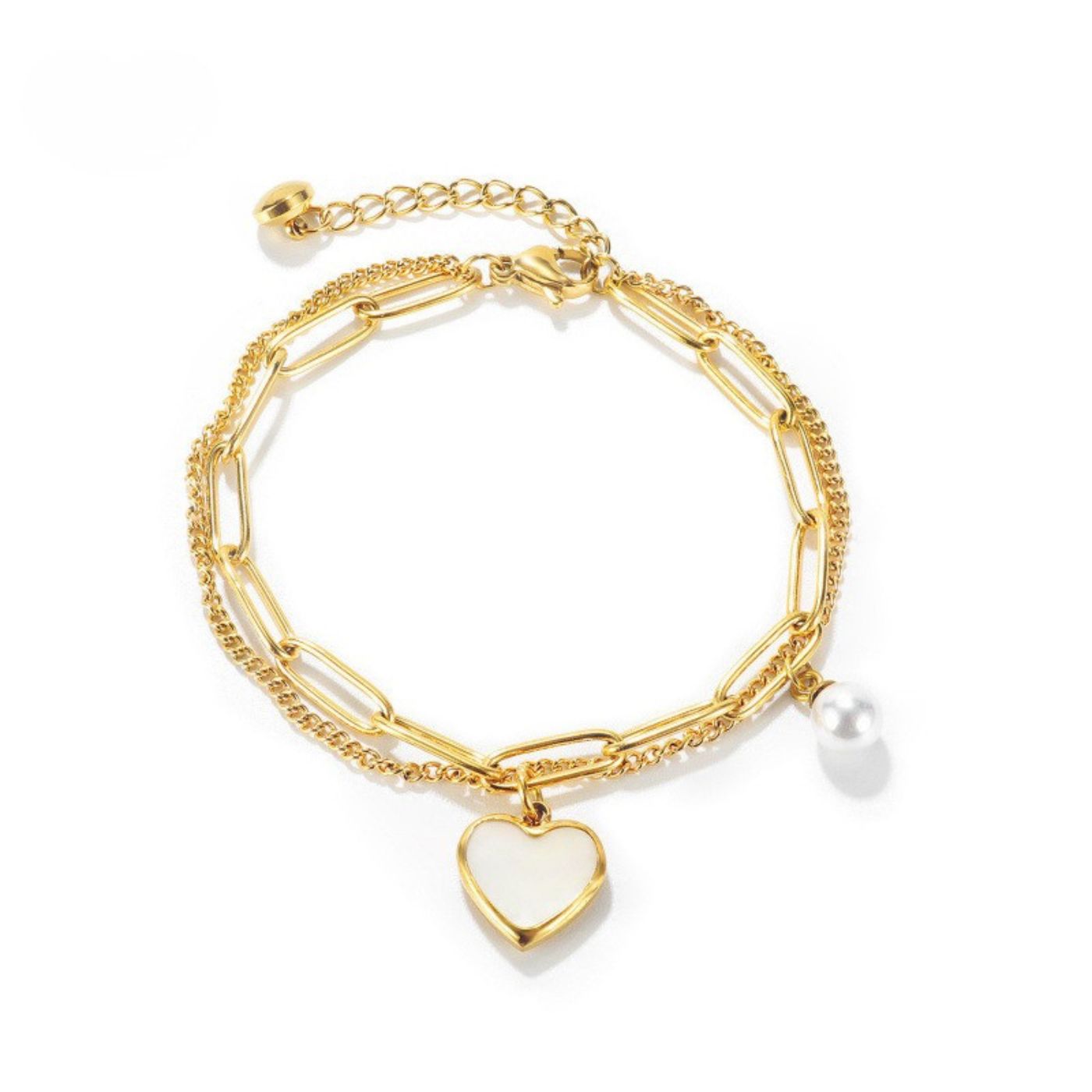 Refined Pearl and Heart Link Bracelet