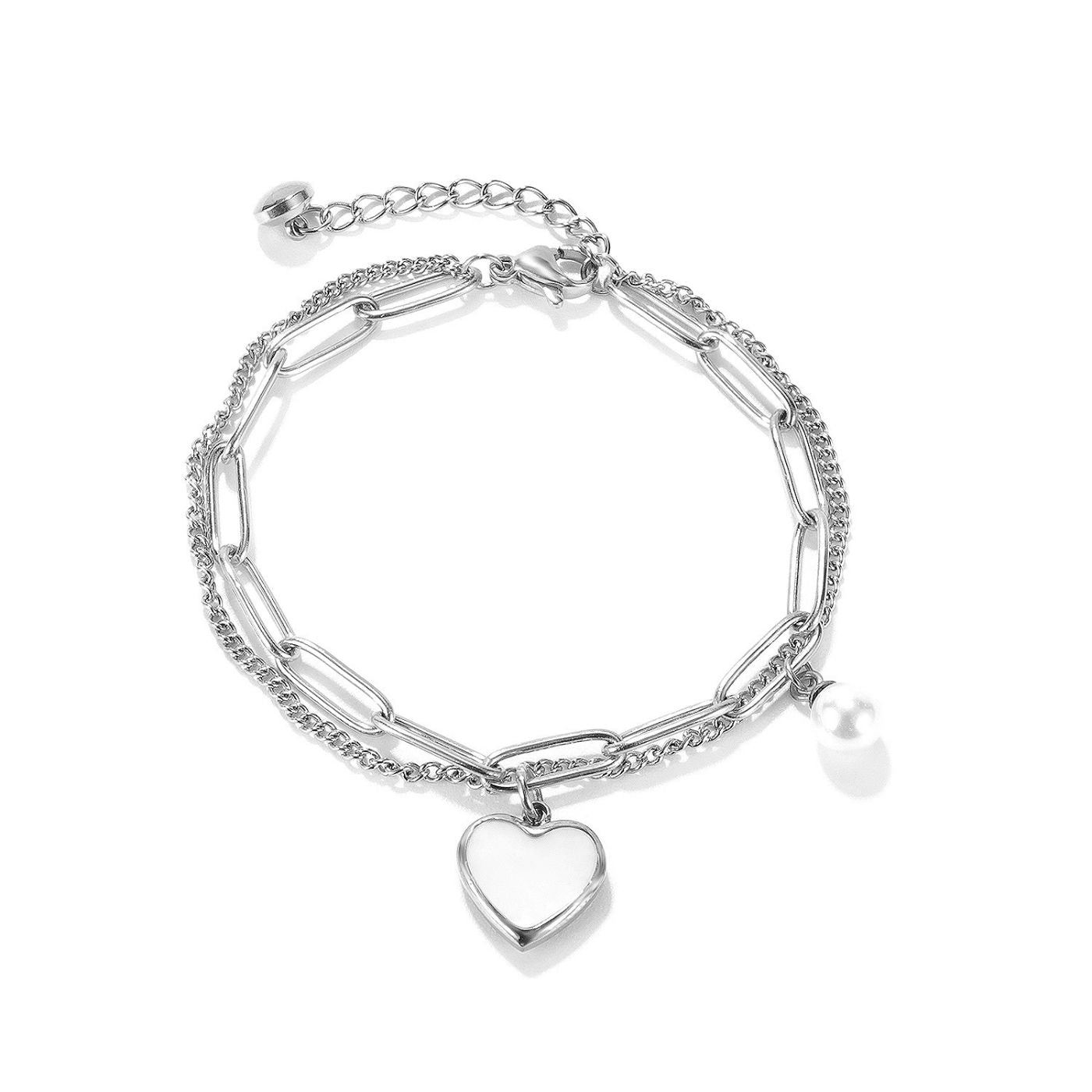 Refined Pearl and Heart Link Bracelet
