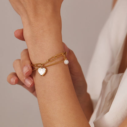 Refined Pearl and Heart Link Bracelet