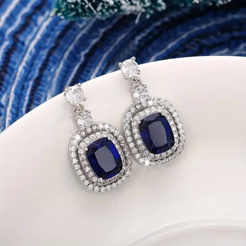 Royal Sapphire Halo Drop Earrings