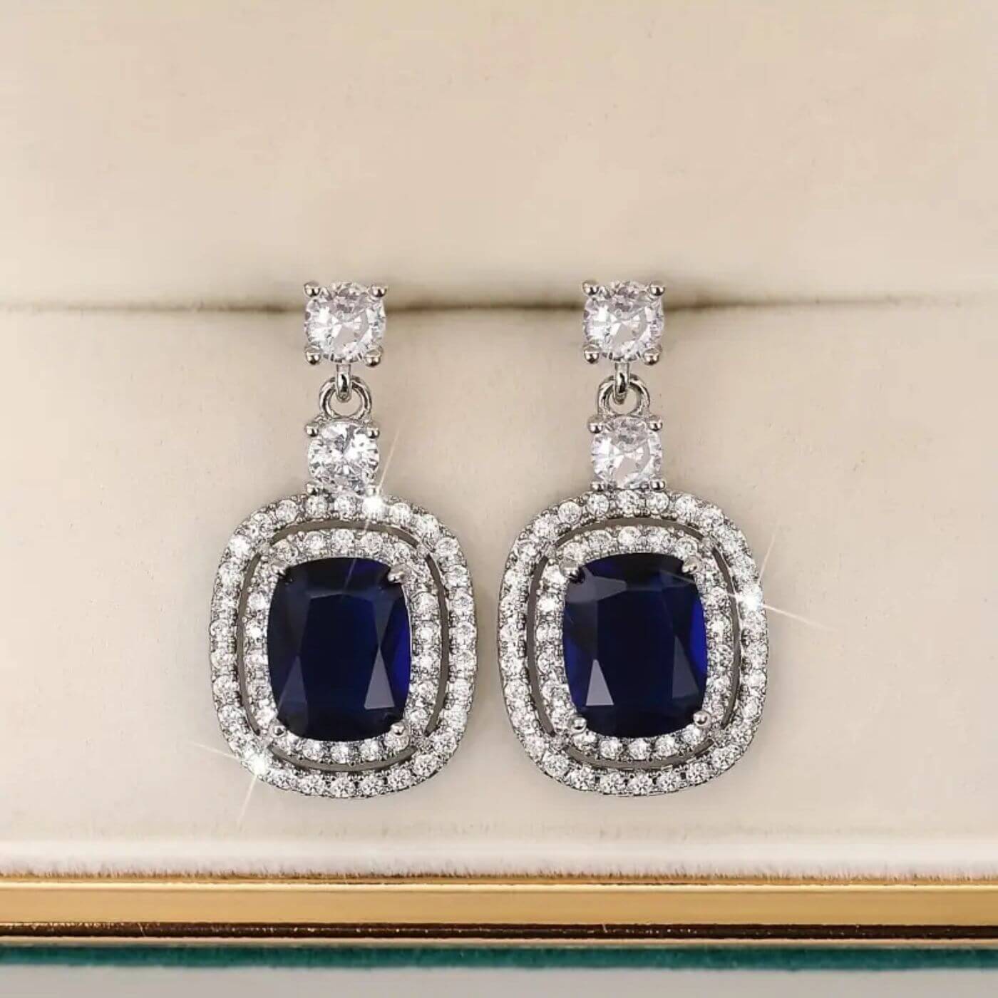 Royal Sapphire Halo Drop Earrings