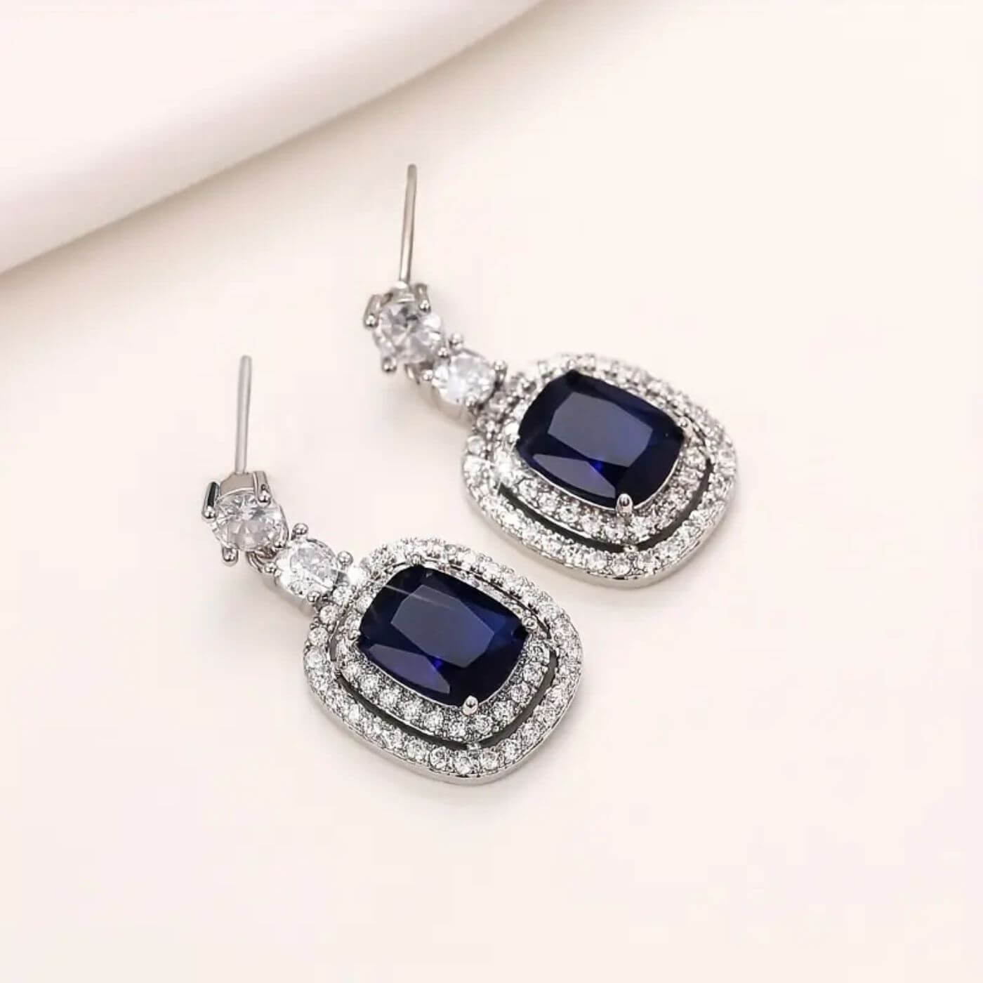 Royal Sapphire Halo Drop Earrings