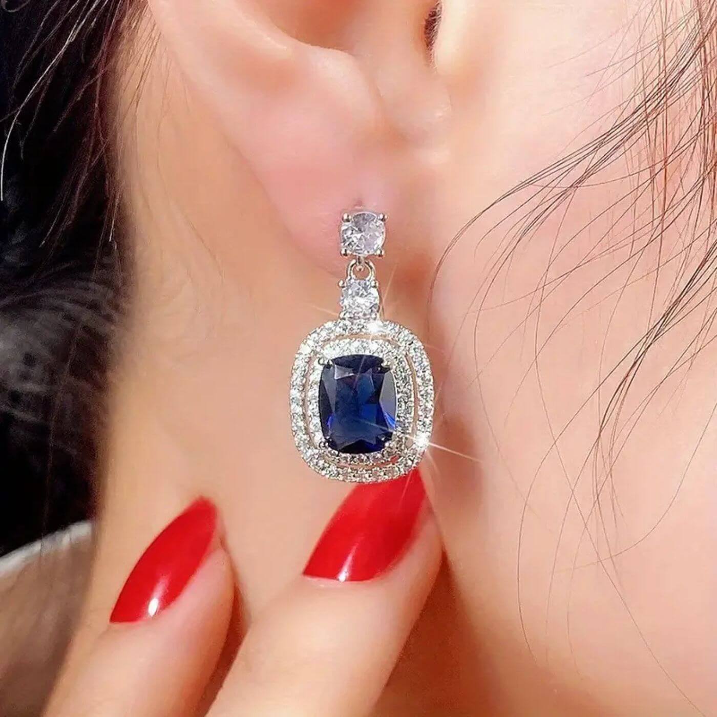 Royal Sapphire Halo Drop Earrings