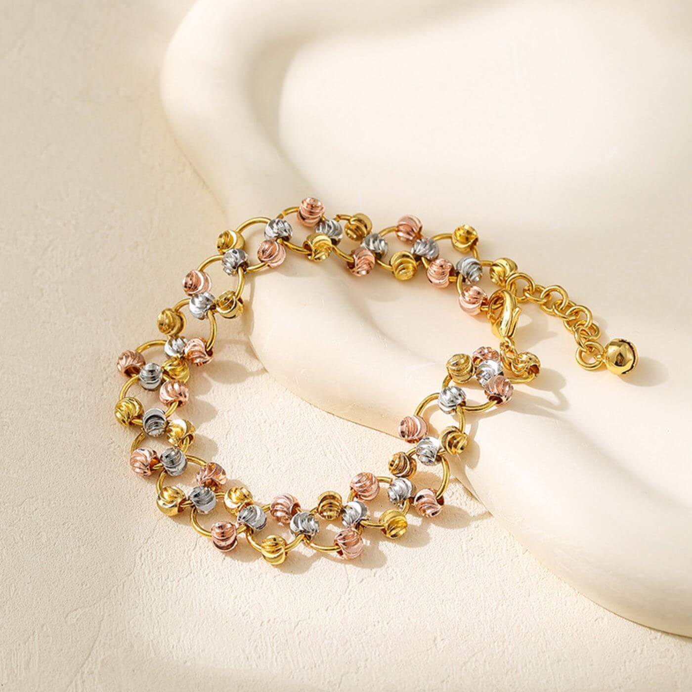 Tri-Tone Gold Beaded Chain Bracelet