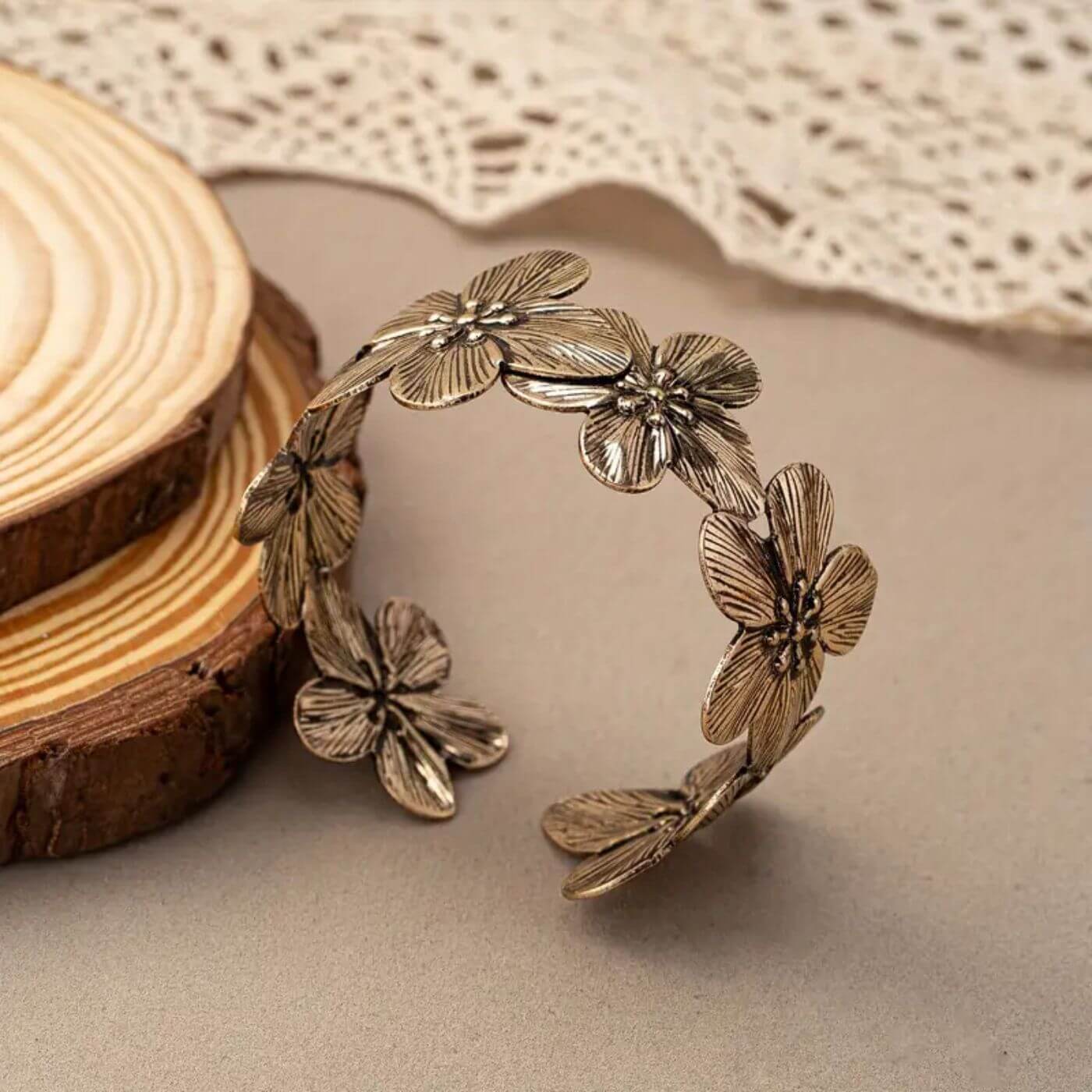 Vintage Petal Engraved Cuff Bracelet
