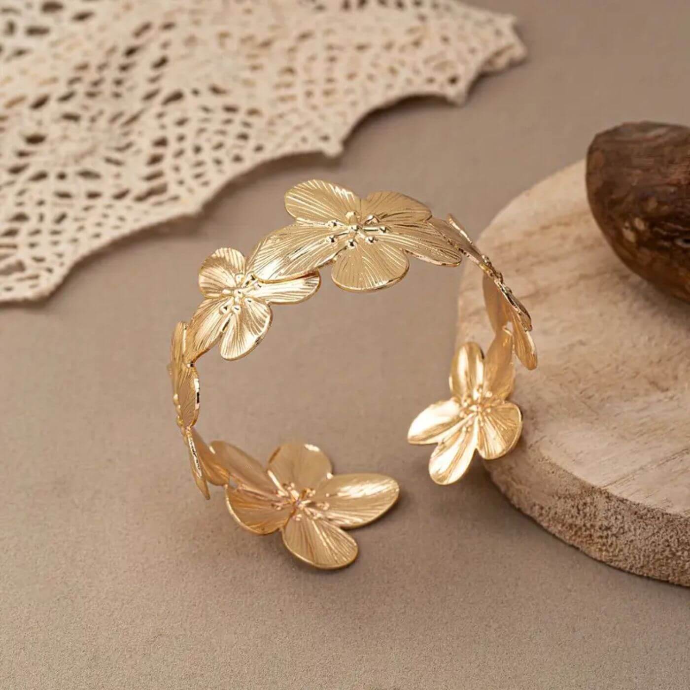 Vintage Petal Engraved Cuff Bracelet
